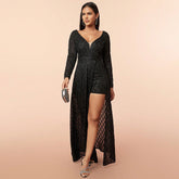 Elegant Dress Deep V Plunge Mesh Sequ Long Sleeve Cocktail Dress